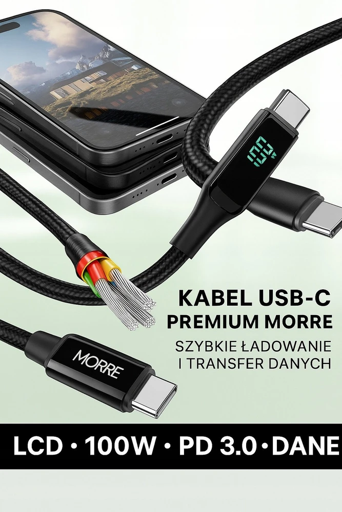 Tiross MORRE USB-C įkrovimo laidas 100W 1,5m SU LED EKRANU