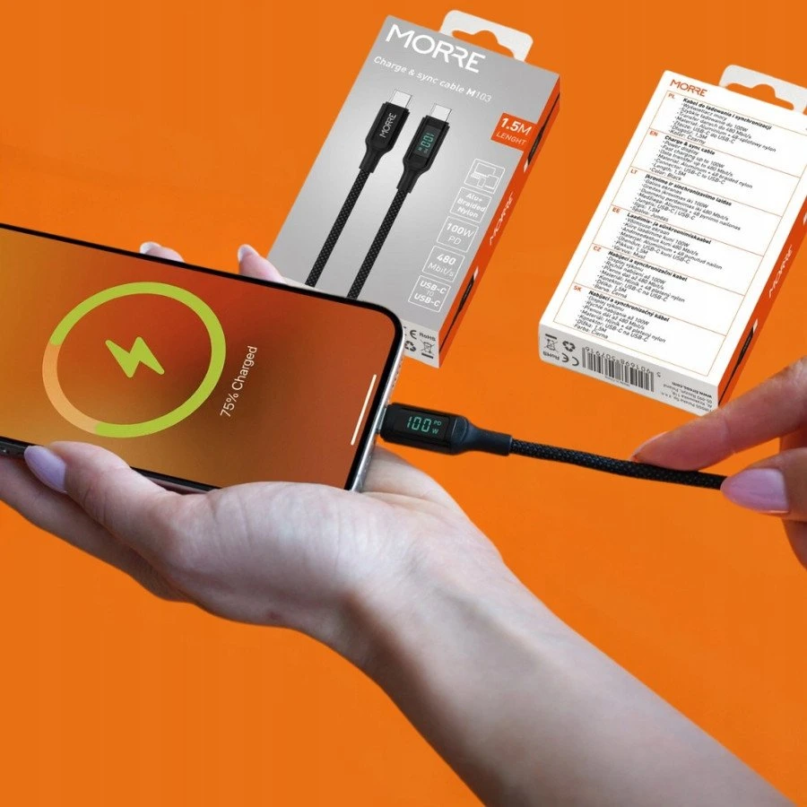 Tiross MORRE USB-C įkrovimo laidas 100W 1,5m SU LED EKRANU