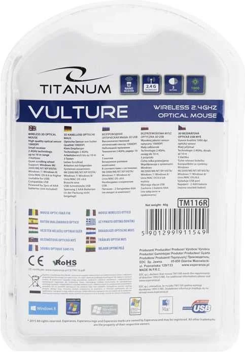 Belaidė optinė pelė Esperanza TITANUM TM116B VULTURE - 3D | 2.4 GHz| 1000 DPI