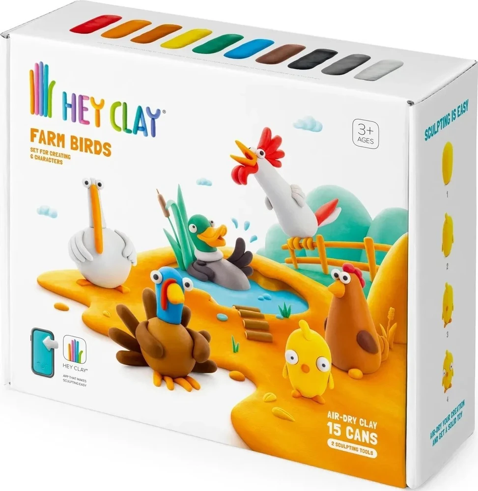 TM Toys Rankdarbių rinkinys Hey Clay paukščiai iš ūkio 15 vnt