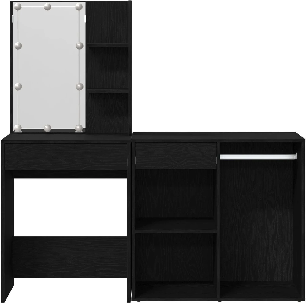 LED makiažo stalo komplektas Juodas ąžuolas 140 x 40 x 140 cm