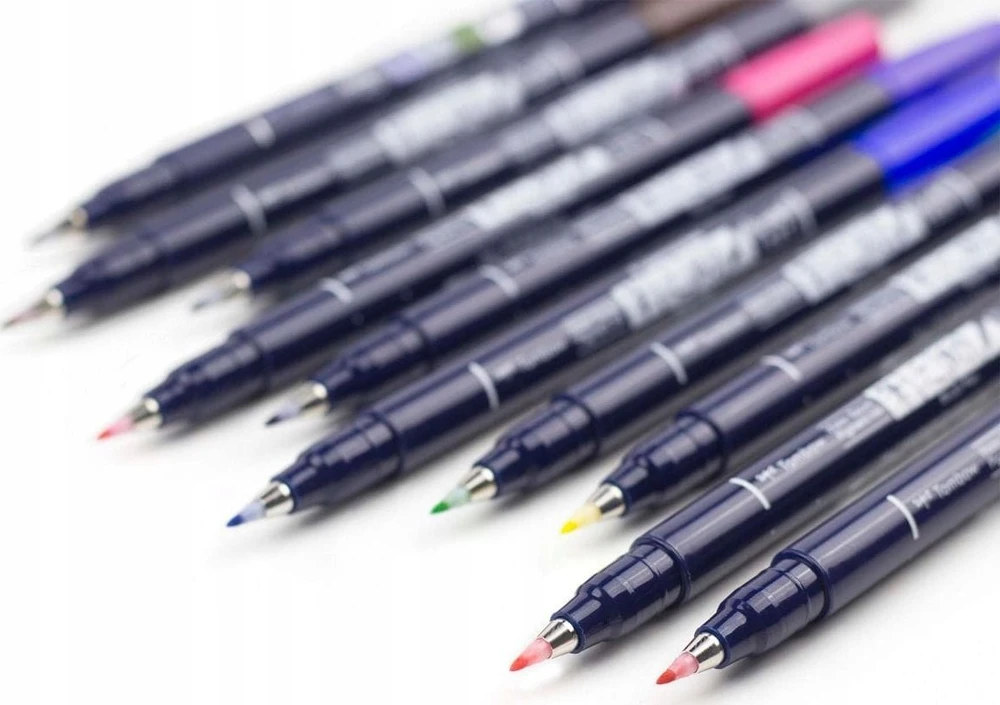 Tombow WS-BH-10P, plonas/vidutinis, 10 spalvų, juoda, mėlyna, žalia, pilka, oranžinė, rožinė, geltona, apvalus ir teptuko formos antgalis, daugiaspalvis, apvalus