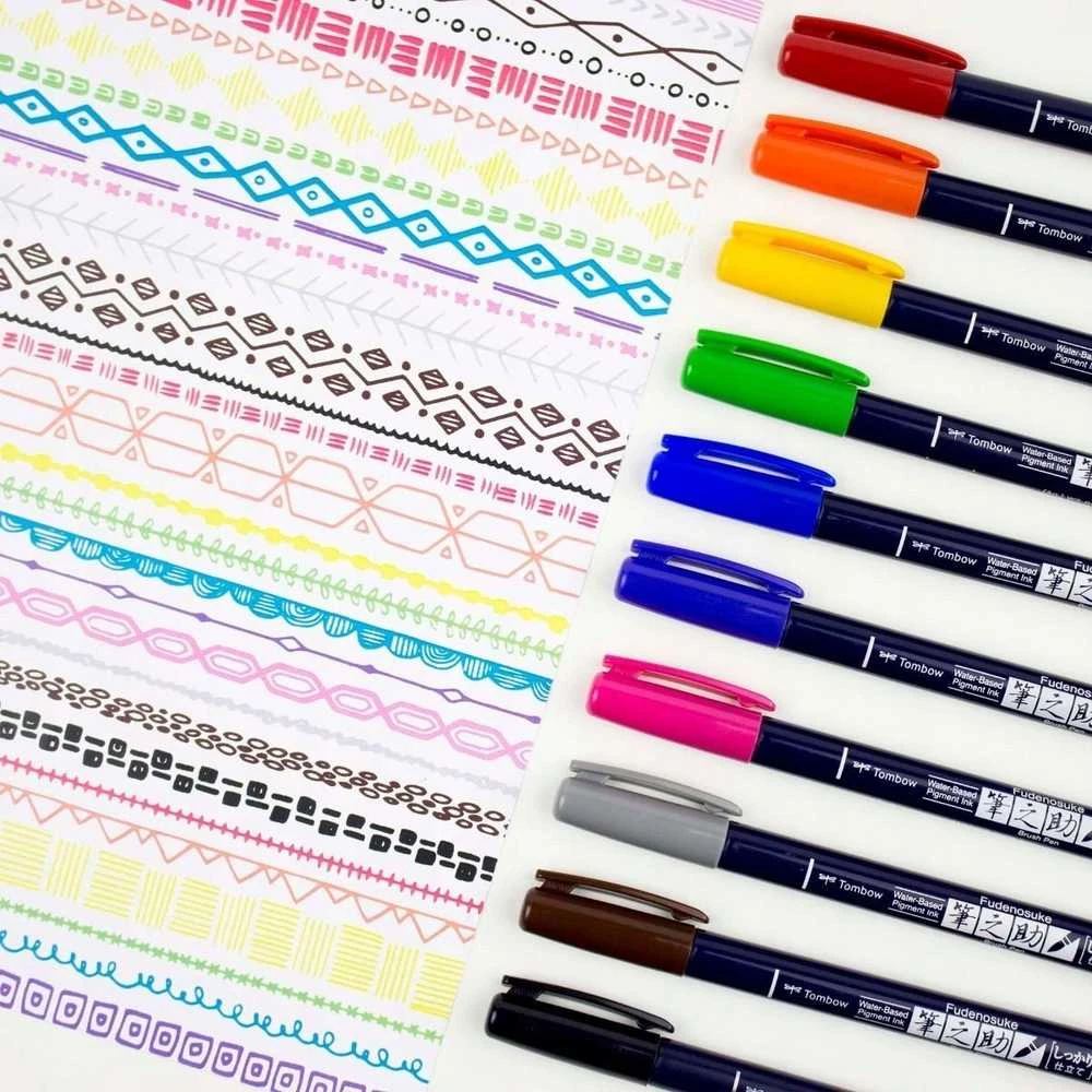 Tombow WS-BH-10P, plonas/vidutinis, 10 spalvų, juoda, mėlyna, žalia, pilka, oranžinė, rožinė, geltona, apvalus ir teptuko formos antgalis, daugiaspalvis, apvalus