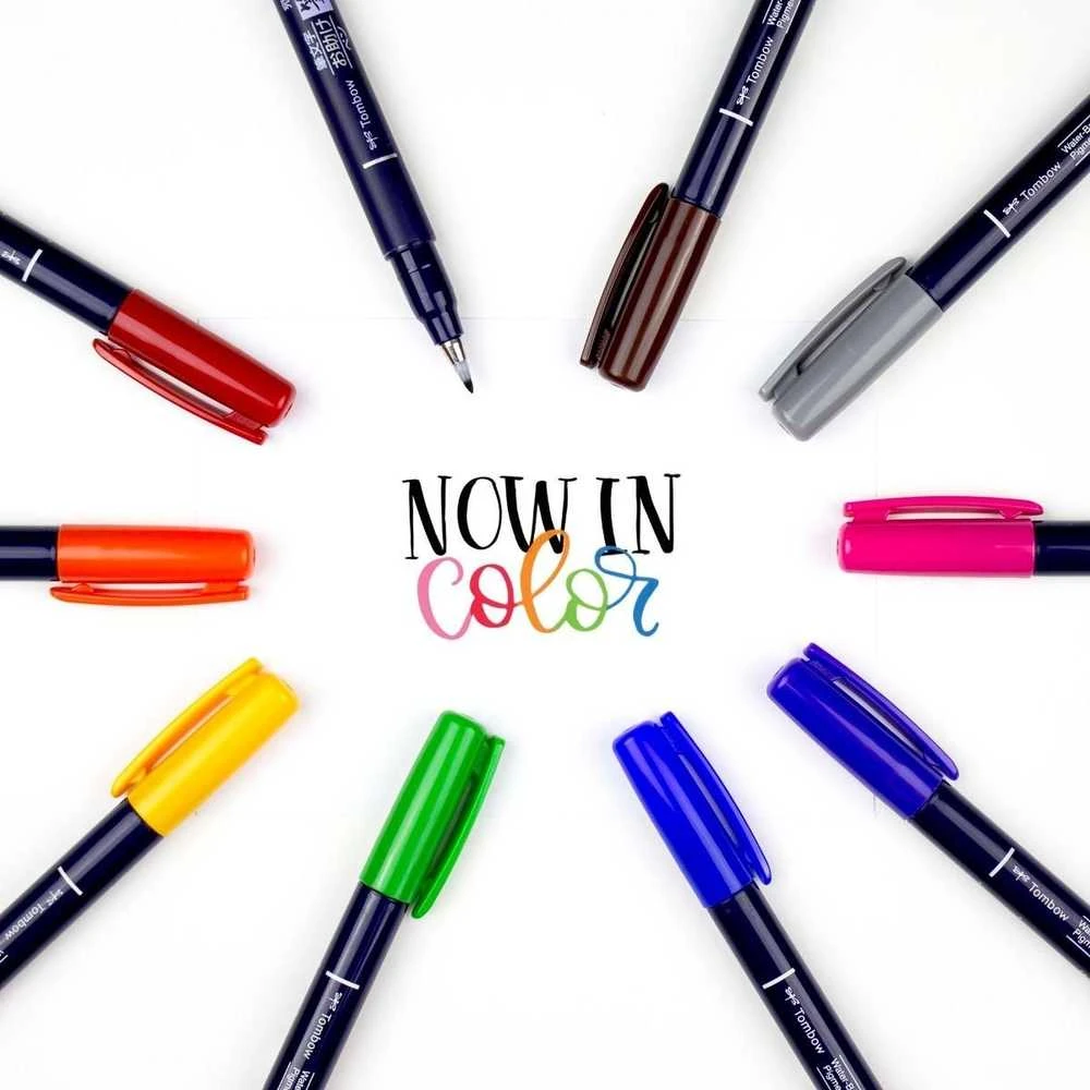 Tombow WS-BH-10P, plonas/vidutinis, 10 spalvų, juoda, mėlyna, žalia, pilka, oranžinė, rožinė, geltona, apvalus ir teptuko formos antgalis, daugiaspalvis, apvalus