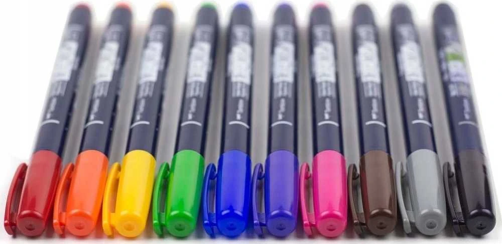 Tombow WS-BH-10P, plonas/vidutinis, 10 spalvų, juoda, mėlyna, žalia, pilka, oranžinė, rožinė, geltona, apvalus ir teptuko formos antgalis, daugiaspalvis, apvalus