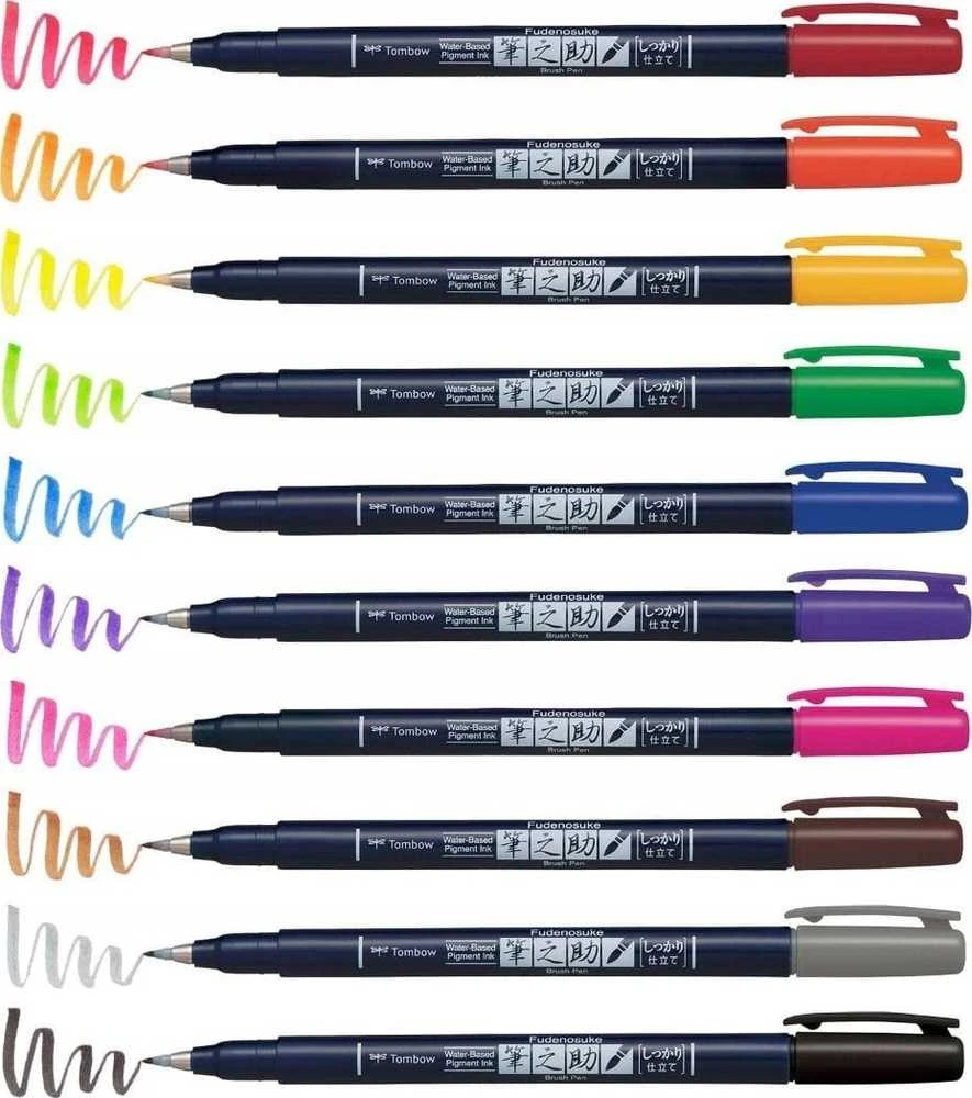 Tombow WS-BH-10P, plonas/vidutinis, 10 spalvų, juoda, mėlyna, žalia, pilka, oranžinė, rožinė, geltona, apvalus ir teptuko formos antgalis, daugiaspalvis, apvalus