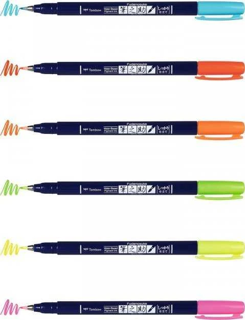 Tombow Flamastry Fudenosuke do kaligrafii neon mix 6 vnt.