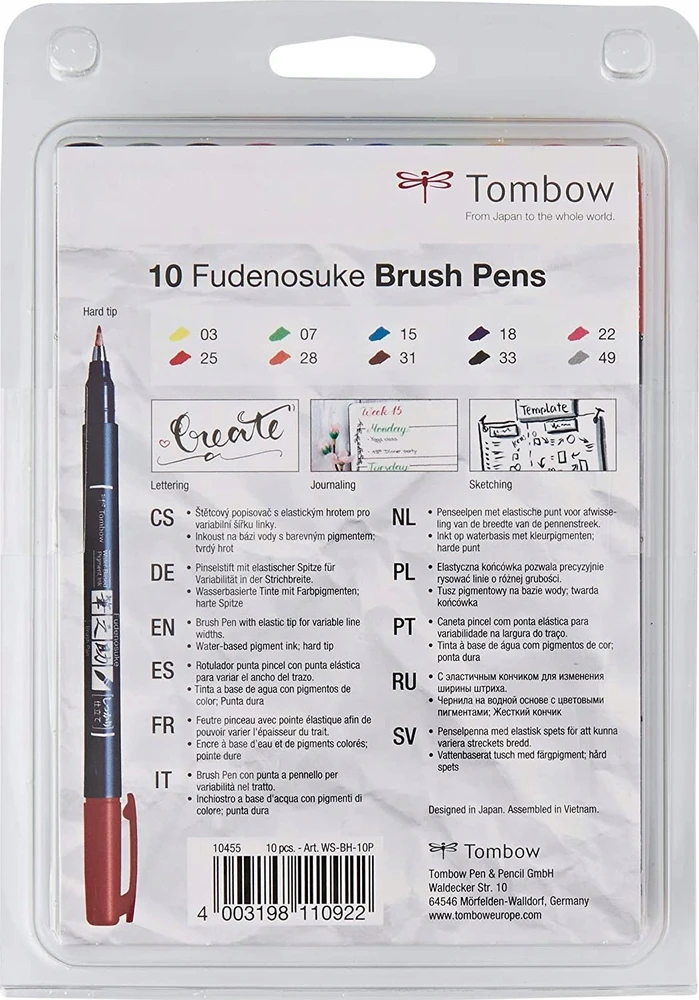 Tombow WS-BH-10P, plonas/vidutinis, 10 spalvų, juoda, mėlyna, žalia, pilka, oranžinė, rožinė, geltona, apvalus ir teptuko formos antgalis, daugiaspalvis, apvalus