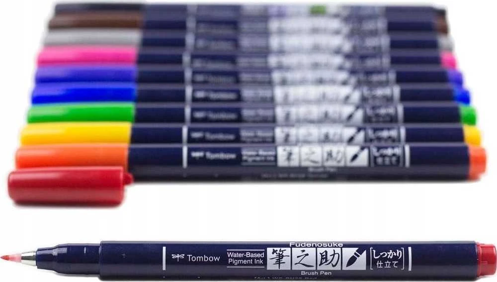 Tombow WS-BH-10P, plonas/vidutinis, 10 spalvų, juoda, mėlyna, žalia, pilka, oranžinė, rožinė, geltona, apvalus ir teptuko formos antgalis, daugiaspalvis, apvalus