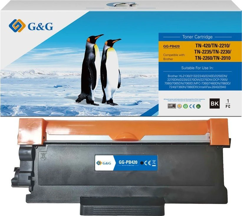 Tonerio kasetė G&G, suderinama su Brother TN2210, TN420, TN2235, TN2230, TN2260, TN20, NT-PB420 spausdintuvais, užtenka 1200 jardų.