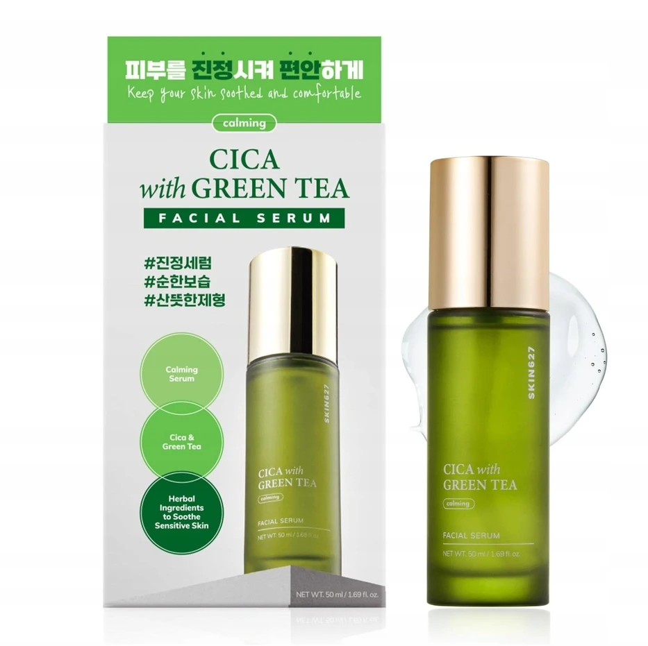 Skin627 Cica su žaliąja arbata raminantis ir drėkinantis veido serumas jautriai odai 50 ml