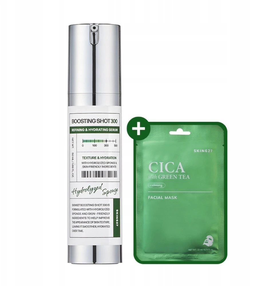 Tony Moly Skin627 „Boosting Shot 300“ + „Cica“ su žaliąja arbata lakštinės kaukės rinkinys: veido serumas 50 ml + lakštinė kaukė 22 ml