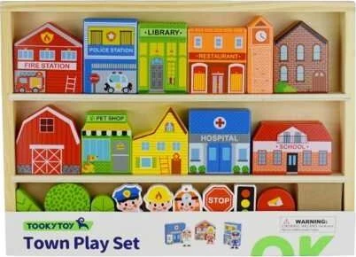 Tooky Toys Paimtas žaislinis medinis pastatų komplektas ir „Figurines City“