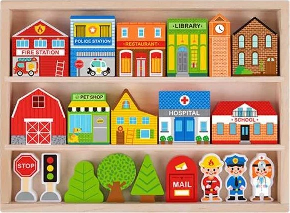 Tooky Toys Paimtas žaislinis medinis pastatų komplektas ir „Figurines City“