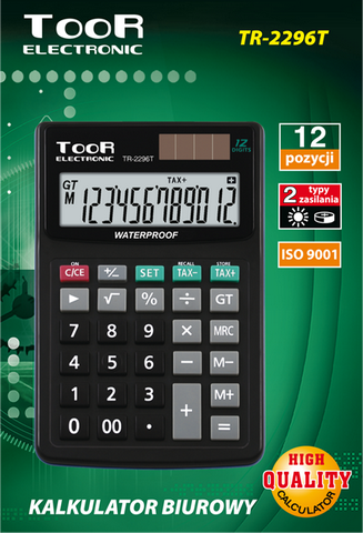 Toor Electronic TR-2296 skaičiuotuvas, 12 padėčių, atsparus vandeniui (KA6767)