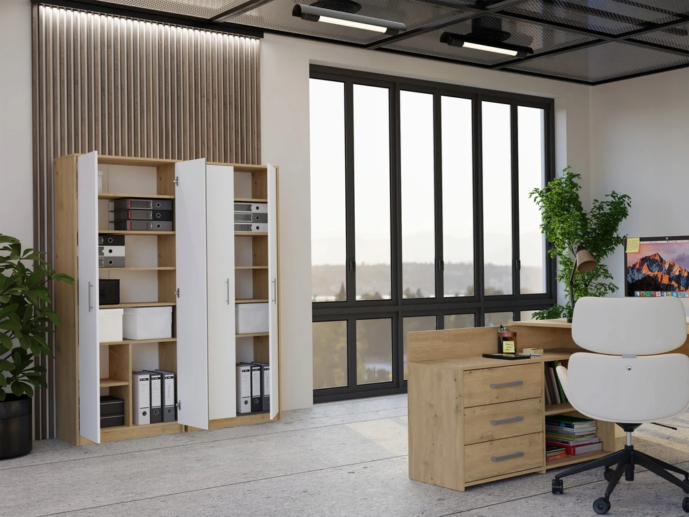 Top E Shop Topeshop Biuro lentyna OLIV 2D 2 durelės biurui kabinetui salonui ąžuolas ARTISAN balta