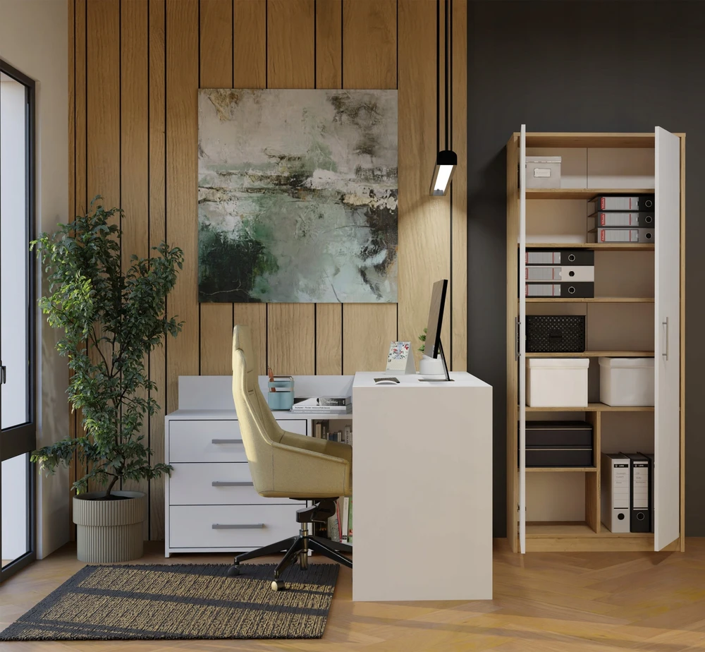 Top E Shop Topeshop Biuro lentyna OLIV 2D 2 durelės biurui kabinetui salonui ąžuolas ARTISAN balta