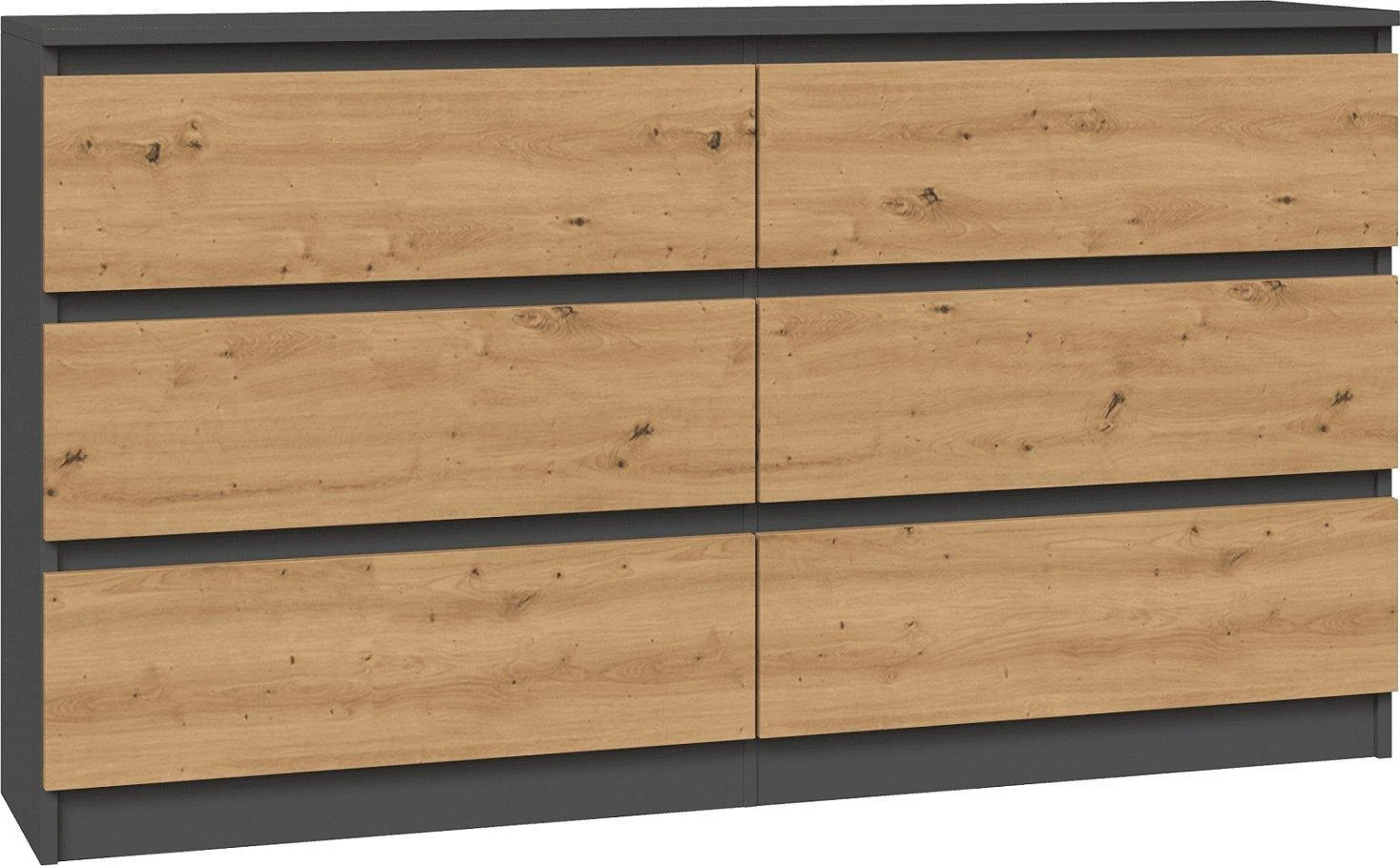 Komoda M6 140 pilku korpusu ir ąžuolo spalvos stalčiais