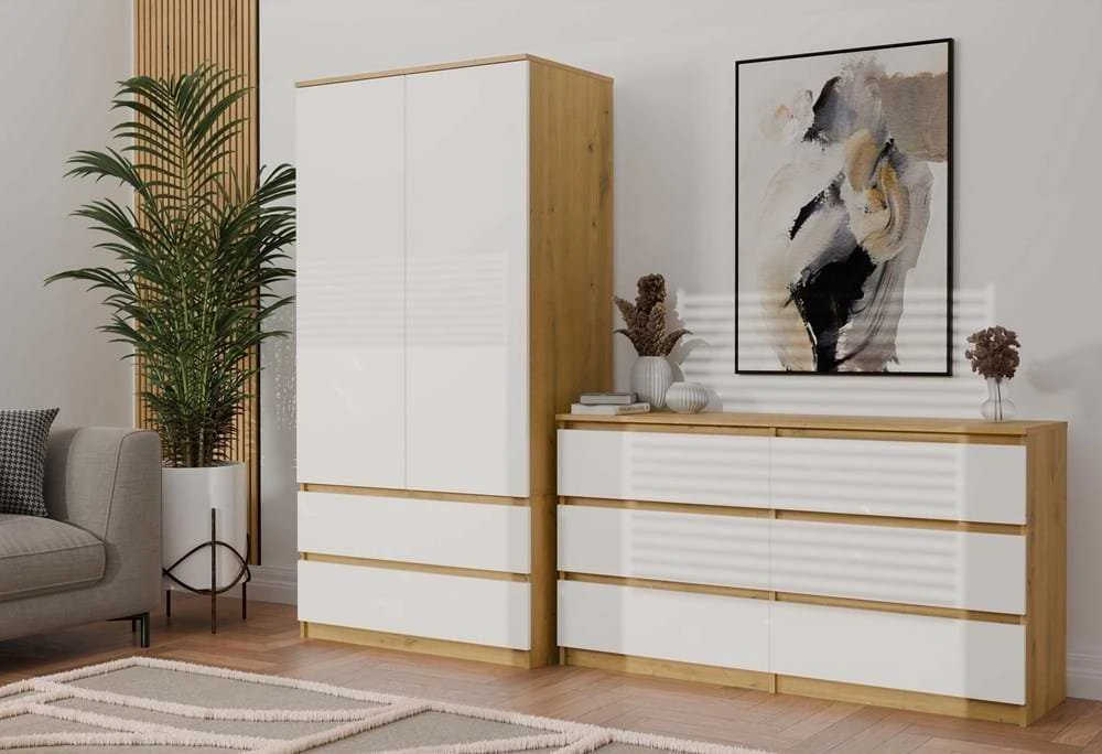 „Top E Shop“ M6 MALWA komoda su 6 stalčiais, 140 cm, ąžuolo medienos, „Artisan/Baltas“.