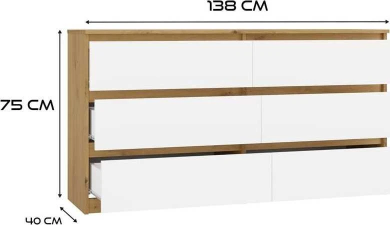 „Top E Shop“ M6 MALWA komoda su 6 stalčiais, 140 cm, ąžuolo medienos, „Artisan/Baltas“.