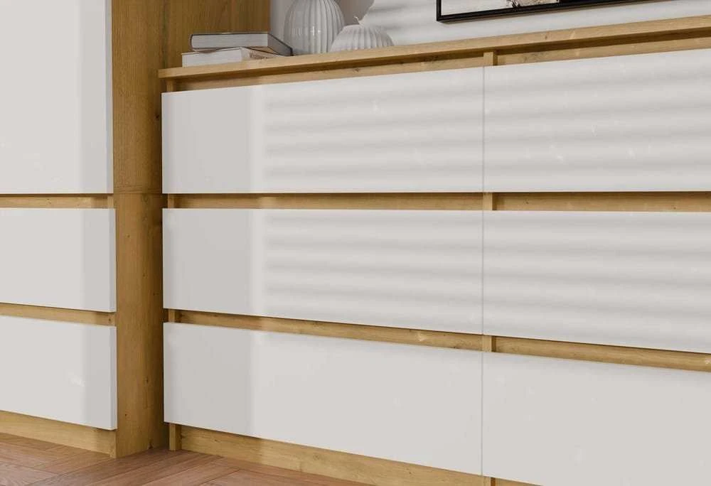 M6 MALWA komoda ąžuolo ir baltos spalvos stalčių detalės