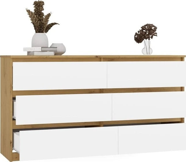 „Top E Shop“ M6 MALWA komoda su 6 stalčiais, 140 cm, ąžuolo medienos, „Artisan/Baltas“.