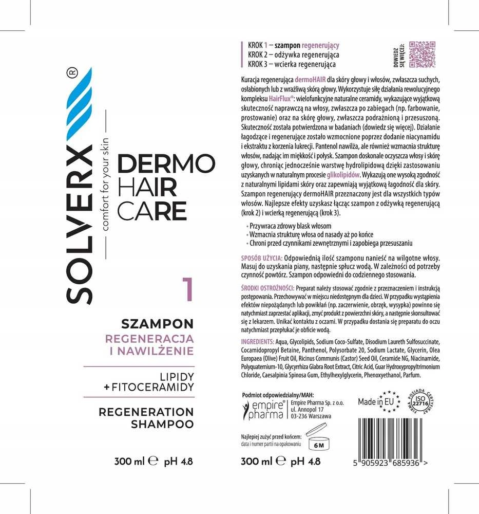 Tołpa SOLVERX Dermo Hair Šampūnas plaukams Regeneracija ir drėkinimas 250 ml