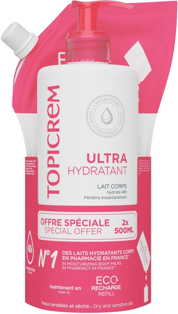 Rinkinys „Topicrem“: itin drėkinamasis kūno pienelis „Ultra Hydrantant“ (papildomas), 500 ml + itin drėkinamojo kūno pienelio papildymas, 500 ml