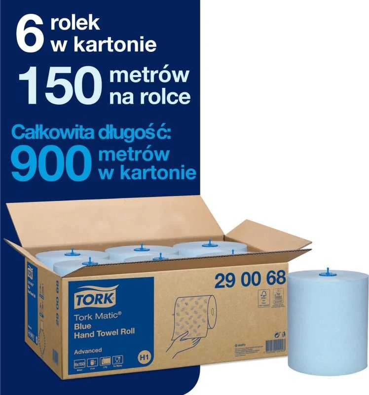 Mėlyna Popieriniai rankšluosčiai Tork Matic Soft Mėlyna Advanced H1 (290068), 2 sluoksniai, melsvos spalvos, 150m, 612 lapelių
