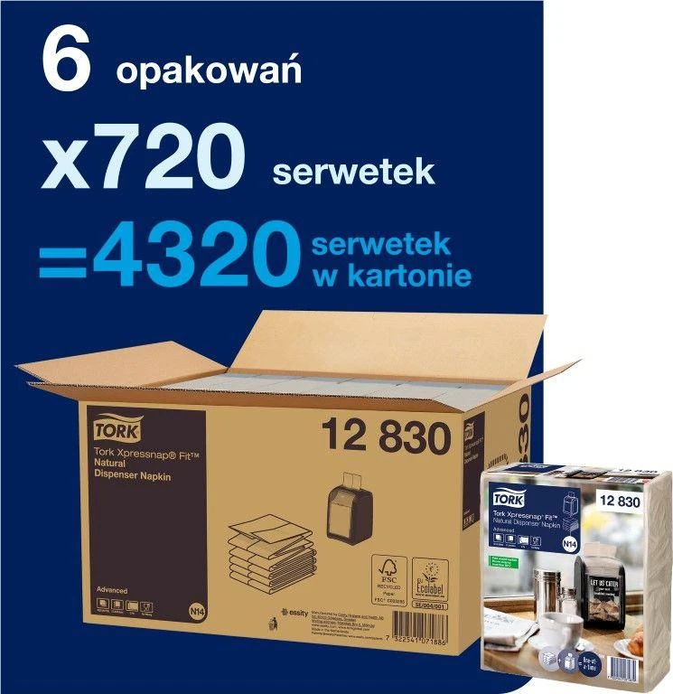 Natūralios servetėlės,TORK Xpressnap Fit dozatoriui N14, 720 vnt, 12830