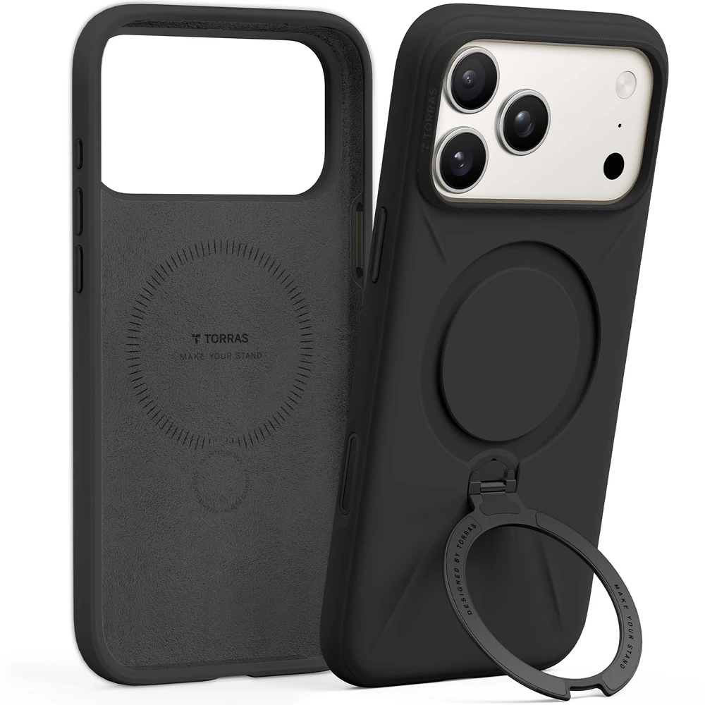 Dėklas Torras Ostand Q3 silikoninis dėklas, obsidiano juoda — iPhone 17 Pro