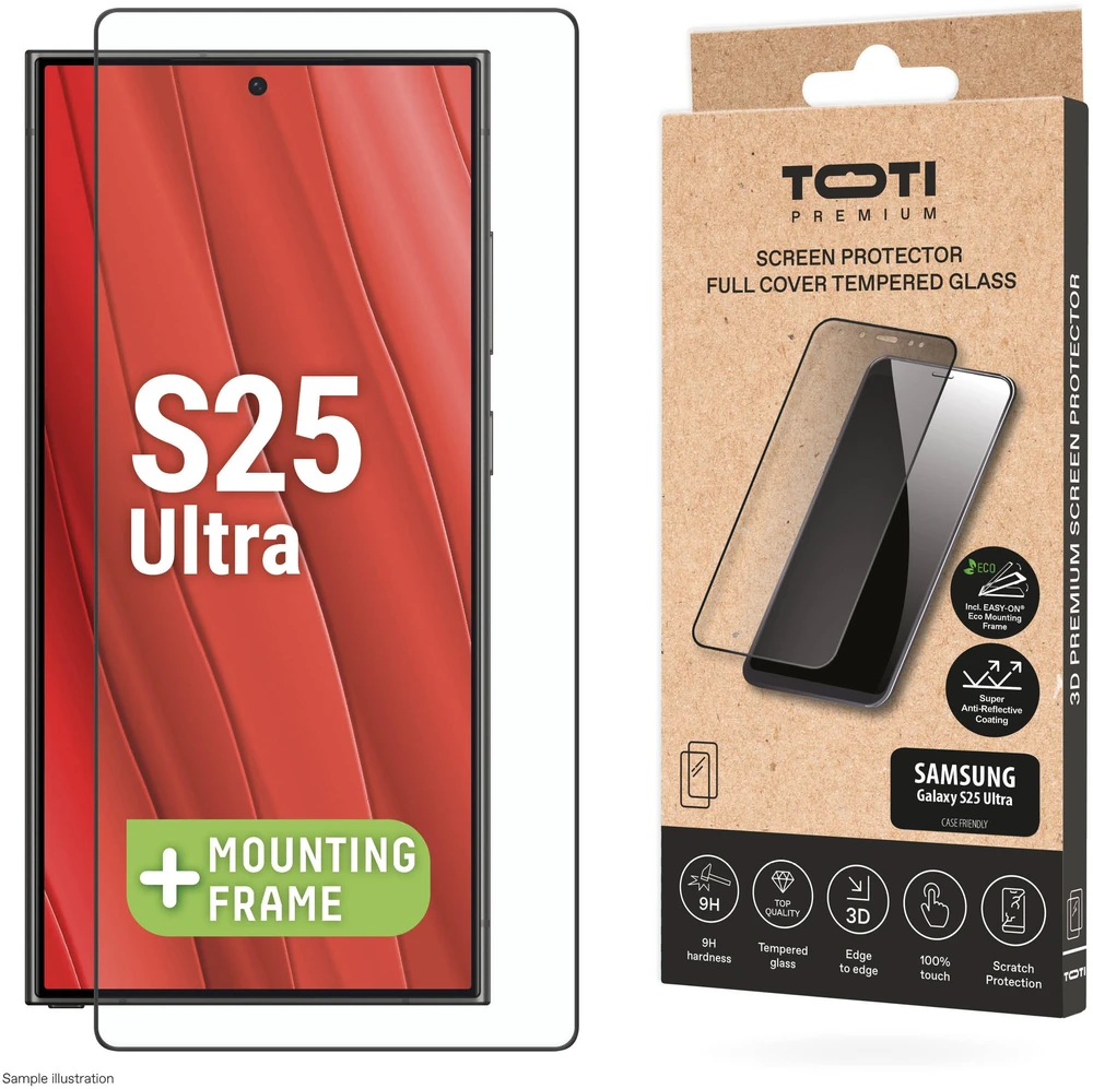 „Toti Premium PREMIUM“ grūdinto stiklo 3D ekrano apsauga, skirta „Samsung Galaxy S25 Ultra“.