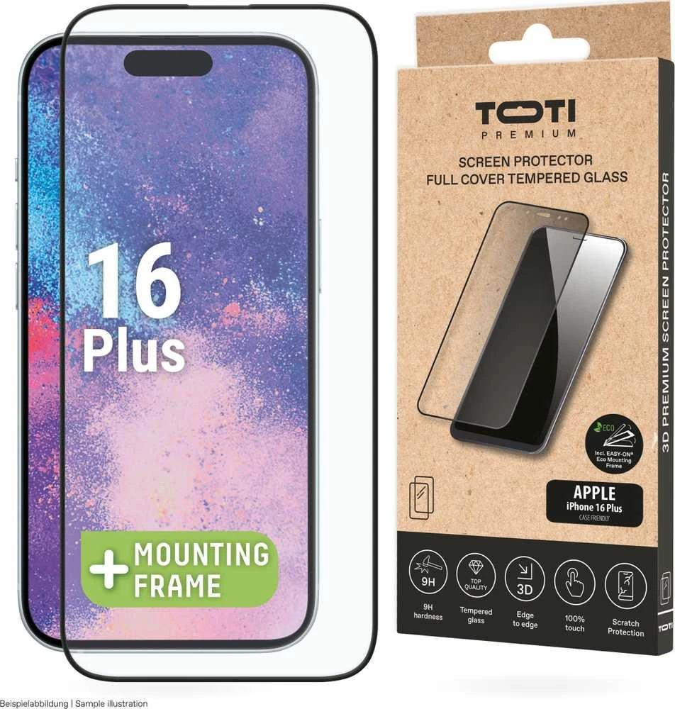 „Toti Premium PREMIUM TEMPERED“ grūdinto stiklo 3D ekrano apsauga, skirta „Apple iPhone 16 Plus“ / „15 Plus“.