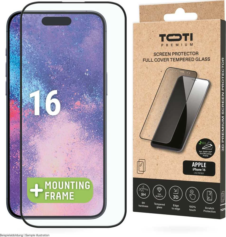 „Toti Premium PREMIUM“ grūdinto stiklo 3D ekrano apsauga, skirta „Apple iPhone 16“ telefonui.