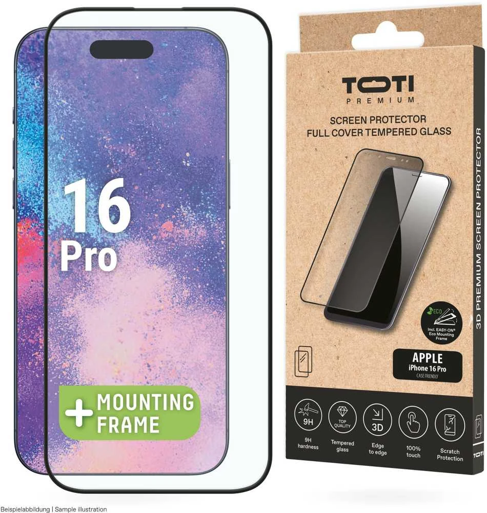 „Toti Premium PREMIUM“ grūdinto stiklo 3D ekrano apsauga, skirta „Apple iPhone 16 Pro“.