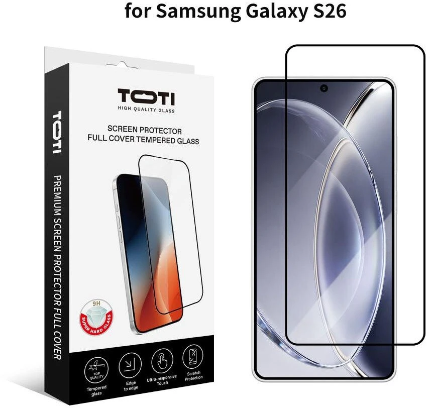 TOTI PREMIUM grūdinto stiklo 2.5D ekrano apsauga, skirta „Samsung Galaxy S26“ telefonui.