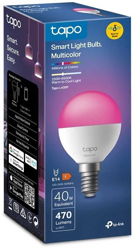 TP-Link Tapo L430P išmanioji WiFi reguliuojamo ryškumo LED lemputė (spalvinga, 2500K-6500K, 470lm, 2.4GHz, E14)