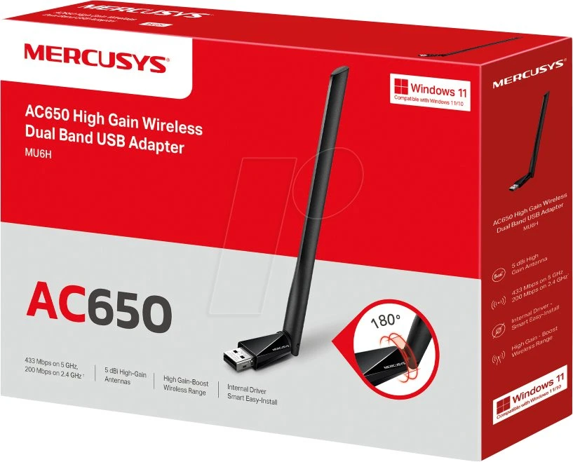 Karta jungiama į tinklą TP-Link Mercusys MU6H AC650 High Gain Wireless Dual Band USB Adapteris