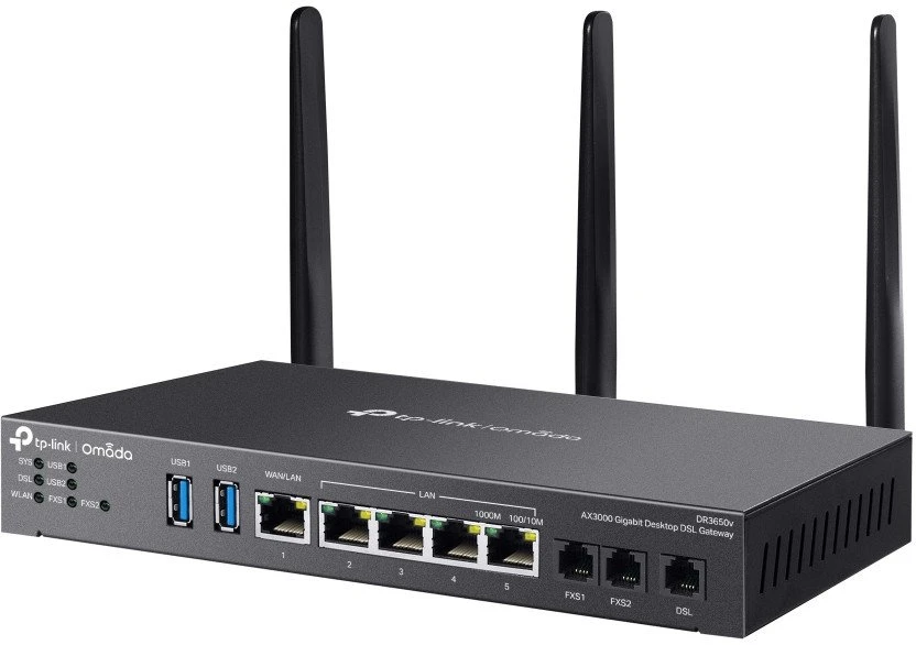 Maršrutizatorius TP-Link „Omada DR3220v-4G4G+ Cat6“ gigabito stovo montuojamas DSL šliuzas