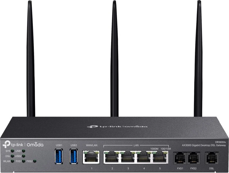 Maršrutizatorius TP-Link „Omada DR3220v-4G4G+ Cat6“ gigabito stovo montuojamas DSL šliuzas