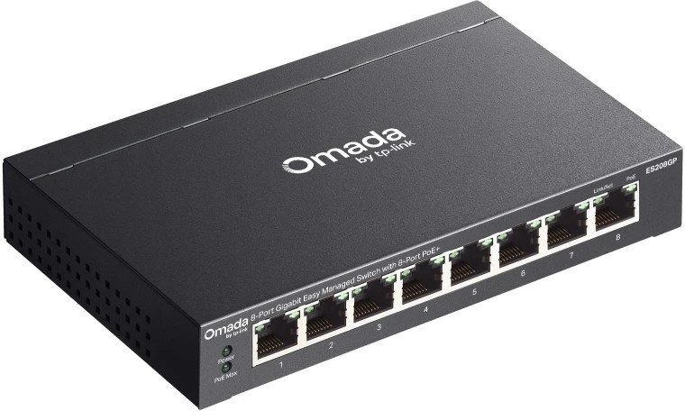 TP-Link Omada ES208GP tinklo komutatorius Valdomas L2 gigabito Ethernet (10/100/1000) Maitinimas per Ethernet (PoE) DIN bėgelis Juodas