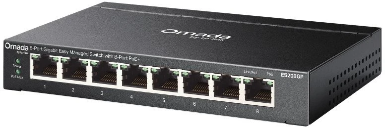 TP-Link Omada ES208GP tinklo komutatorius Valdomas L2 gigabito Ethernet (10/100/1000) Maitinimas per Ethernet (PoE) DIN bėgelis Juodas