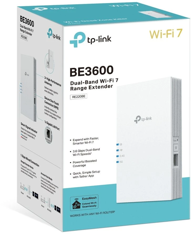 Maršrutizatorius TP-LINK BE3600 dviejų dažnių „Wi-Fi 7“ diapazono ilgintuvas | RE220BE | 802.11ax | 1000 Mbit/s | Ethernet LAN (RJ-45) jungtys: 1 | MU-MiMO: Ne | ne PoE | Antenos tipas: 2 išorinės