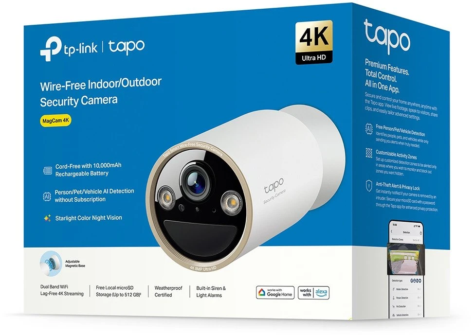 TP-Link Tapo belaidė apsaugos kamera vidaus/lauko erdvėje. SPECIFIKACIJOS: 4K UHD (3840x2160), palaikoma H.265/H.264, 16 kartų UHD skaitmeninis priartinimas, 2,4/5 GHz dviejų dažnių „Wi-Fi“, 10000 mAh įkraunama ličio jonų baterija.