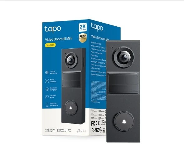 TP-LINK 2K Baterija Video Doorbell | Tapo D205 | 3 MP | 2.4mm/F2.2 | IP54 | H.264 | Micro SD, Max. 512