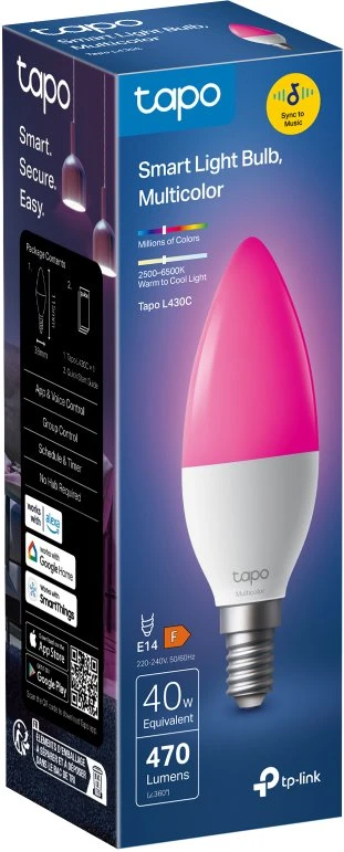 TP-Link Tapo L430C išmanioji WiFi reguliuojamo ryškumo LED lemputė (spalvota, 2500K-6500K, 470lm, 2.4GHz, E14)