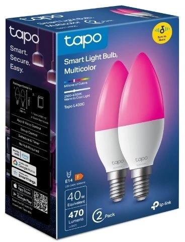 TP-Link Tapo L430C(4-pack) išmanioji WiFi reguliuojamo ryškumo LED lemputė (spalvinga, 2500K-6500K, 470lm, 2.4GHz, E14)