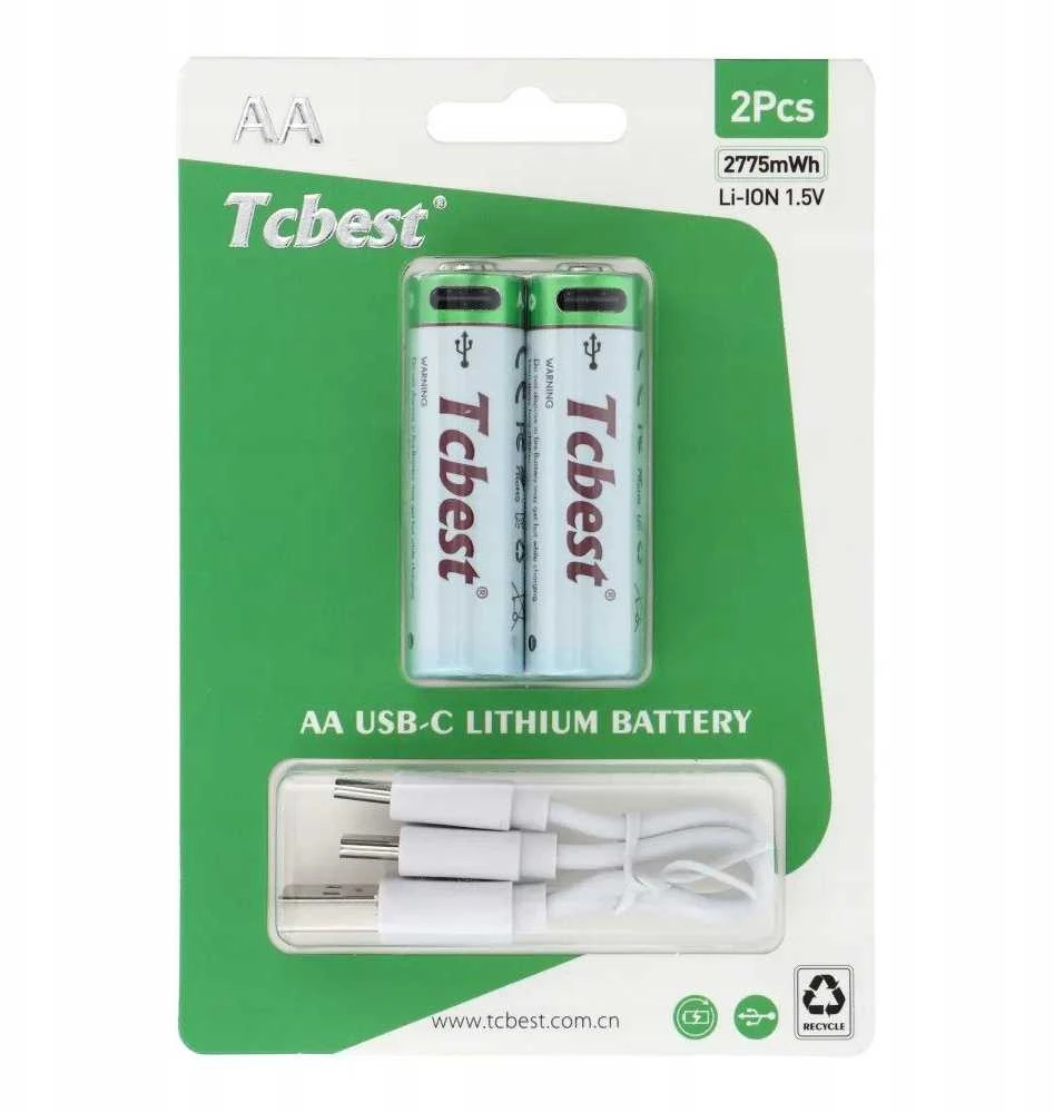 TCBEST įkraunama baterija R6 (AA) 1850 mAh su C tipo lizdu + laidas USB A į 2 x C tipo jungtys (2 vnt.)
