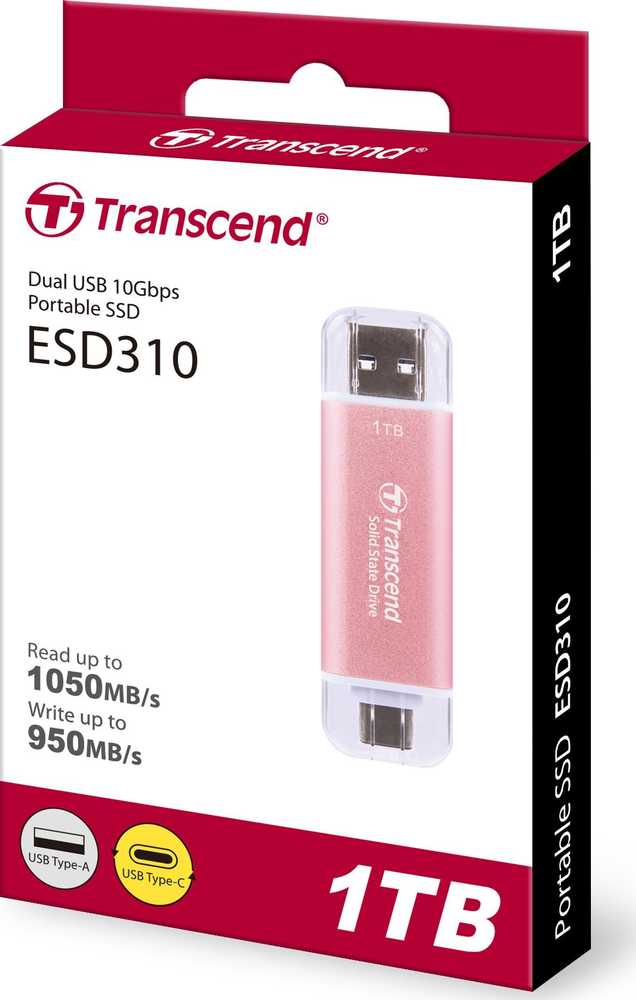 TRANSCEND ESD310P 1TB Išorinis kietasis diskas SSD USB 10Gbps Type C/A Rožinė