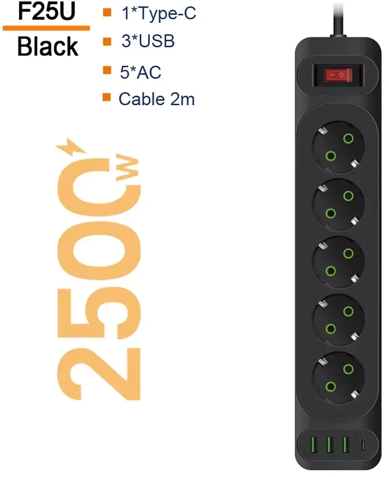 Transcend Riff F25U 2m pagarinātājs ar 3 Ligzdām + 3 USB + 1 USB-C